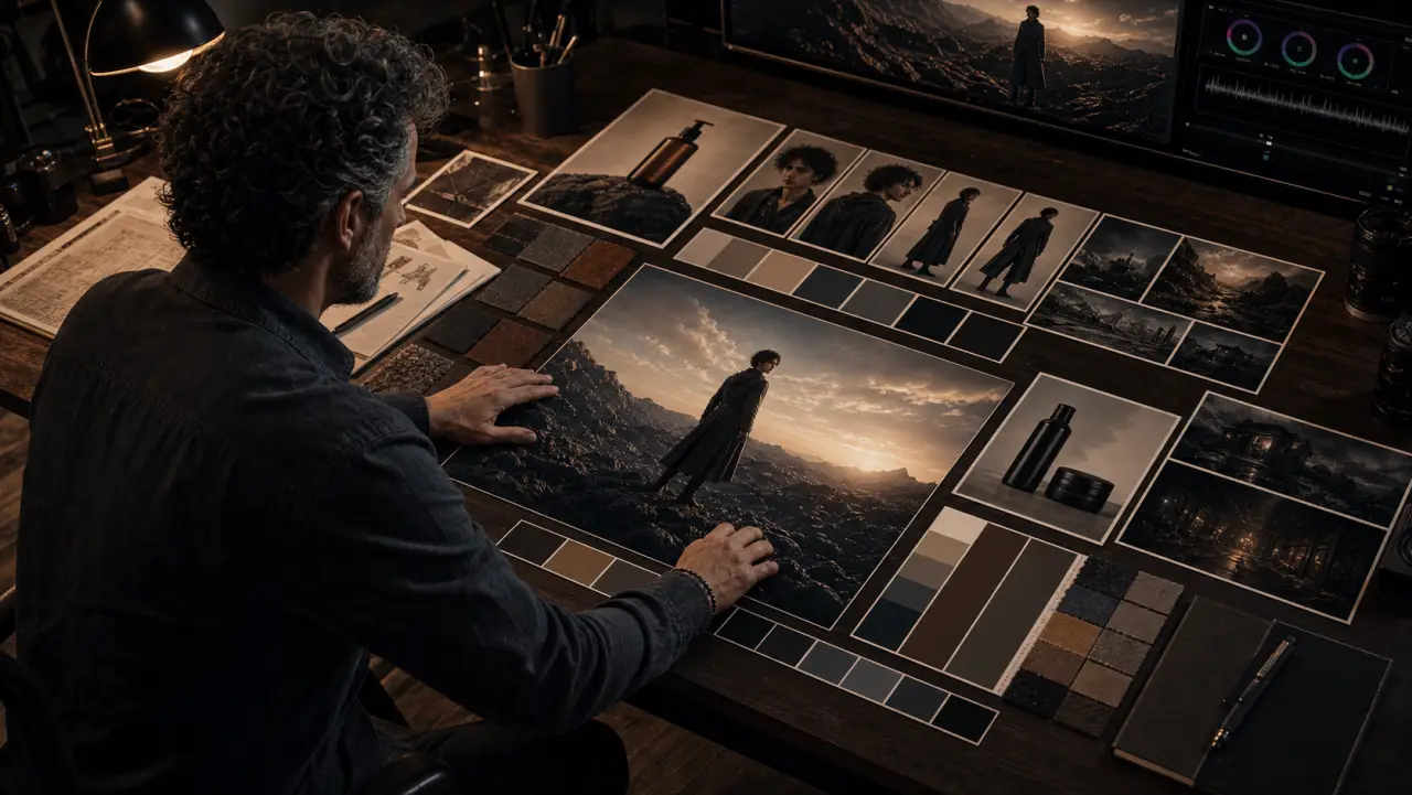 A visual DNA system combines character, product, palette, and output references on a studio table.