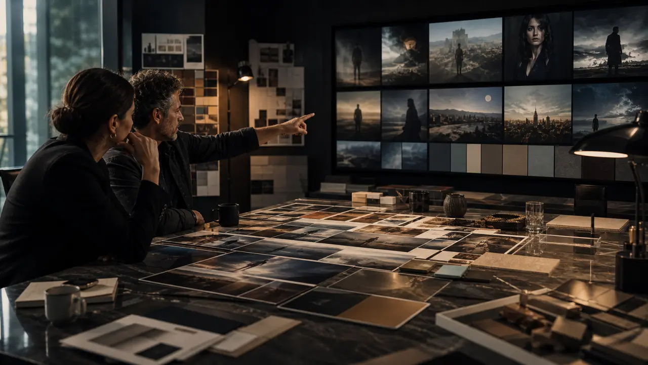 Brand leaders review a cohesive campaign system in a refined creative studio.