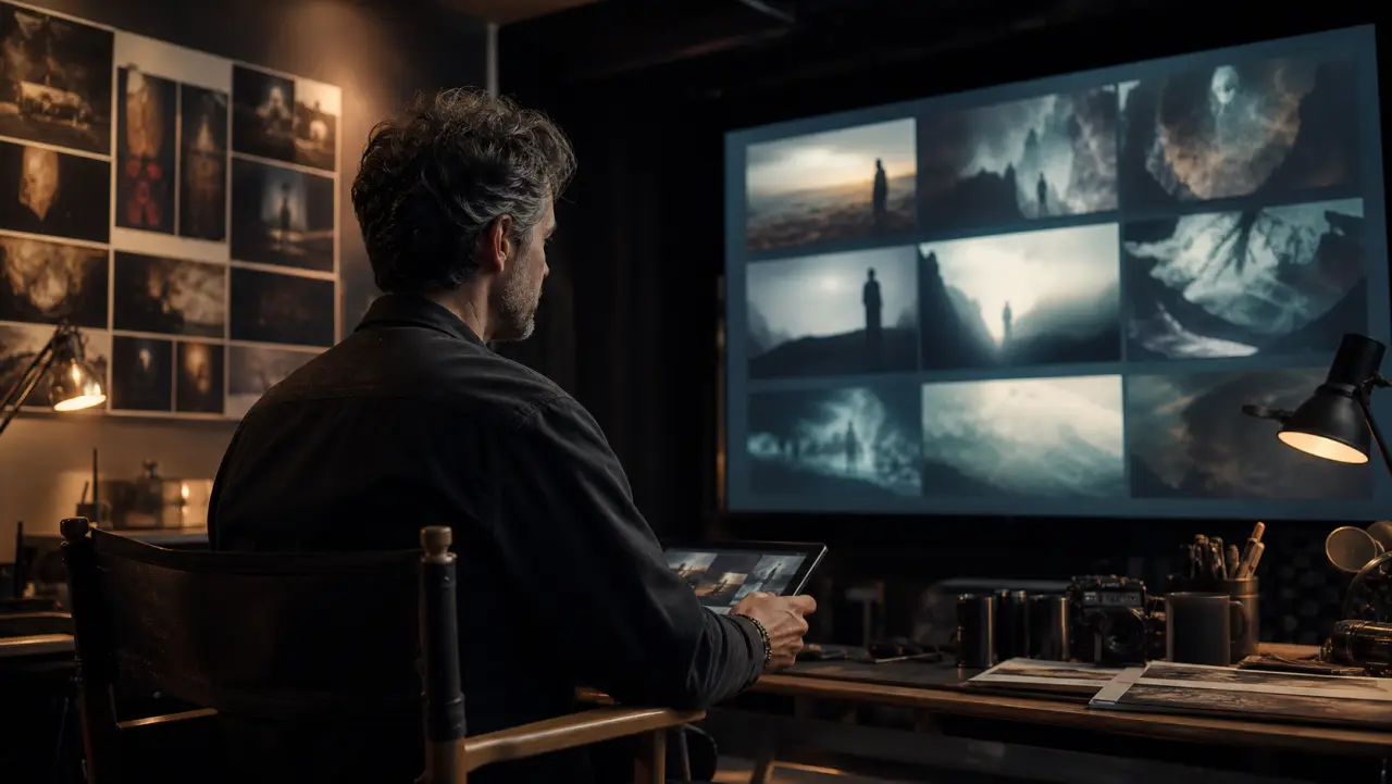 A creative director reviews cinematic AI-generated frames in a dark editorial studio.