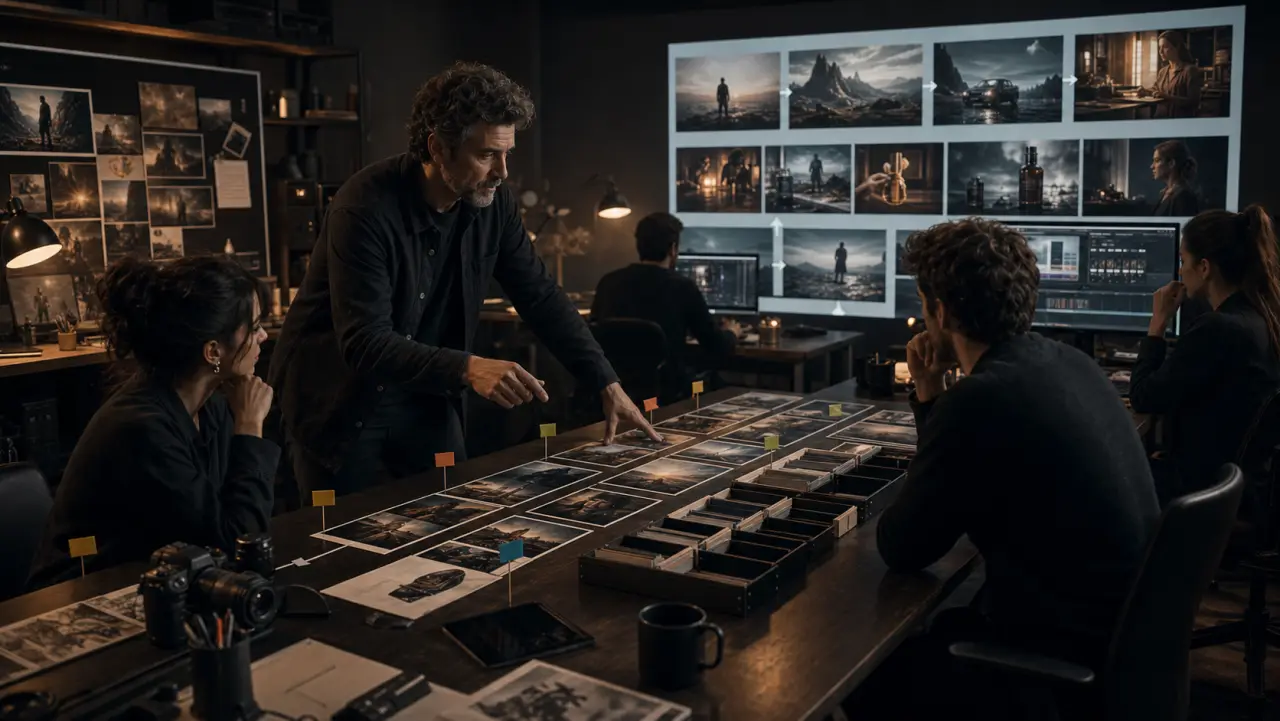 A marketing team moves campaign images through visual handoff cards and review flags.
