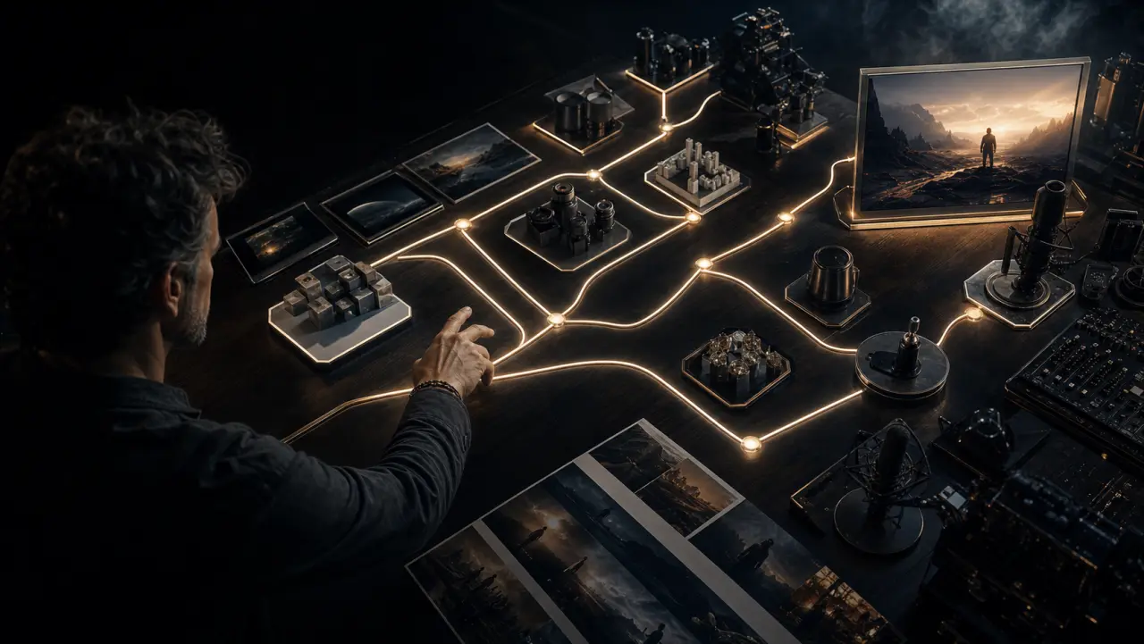 A producer chooses a route through an illuminated creative decision map.