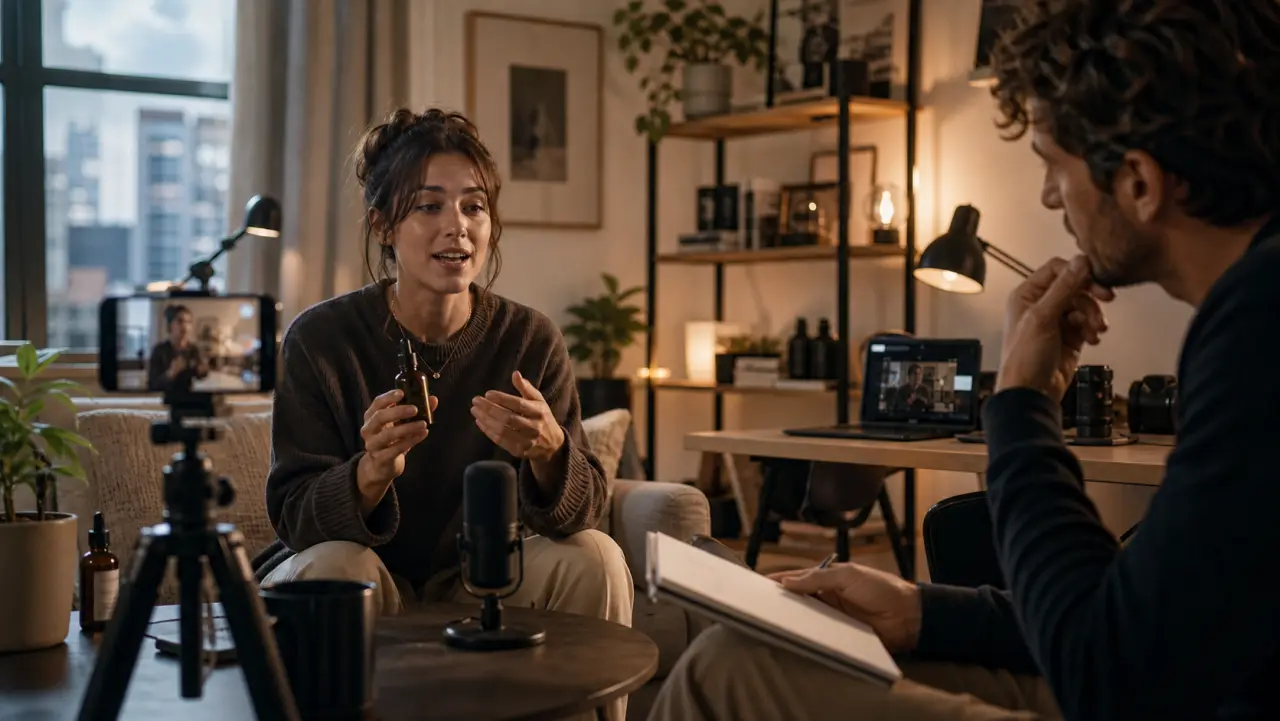 A creator records an authentic product testimonial in a compact apartment setup.