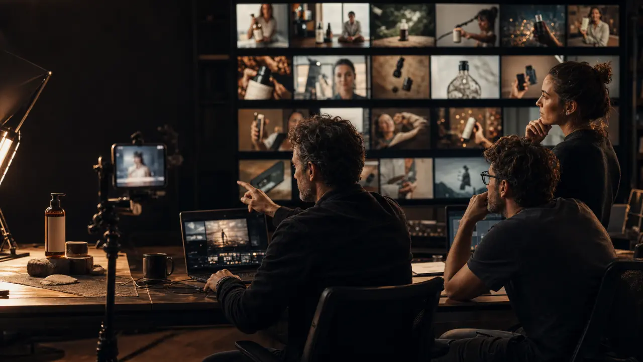A performance creative team reviews product ad variations beside a compact shoot set.