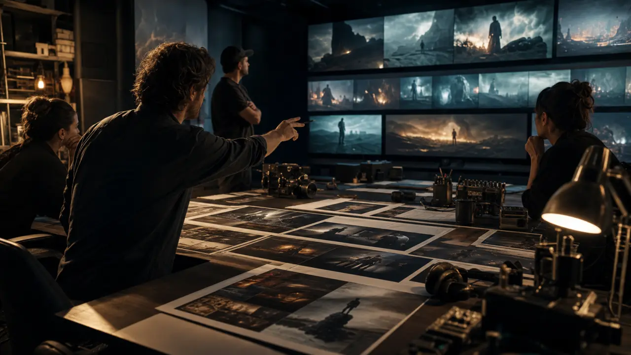 A production team reviews keyframes and reference materials in a virtual production room.