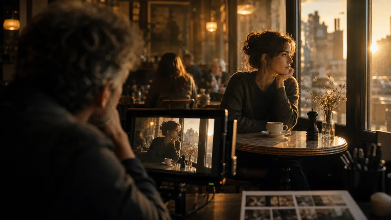 A directed golden-hour cafe scene is reviewed from a creative monitor.