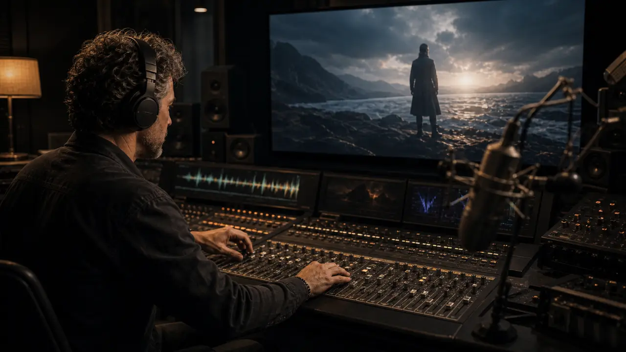 A sound designer aligns faders and microphones to a cinematic scene on a studio monitor.