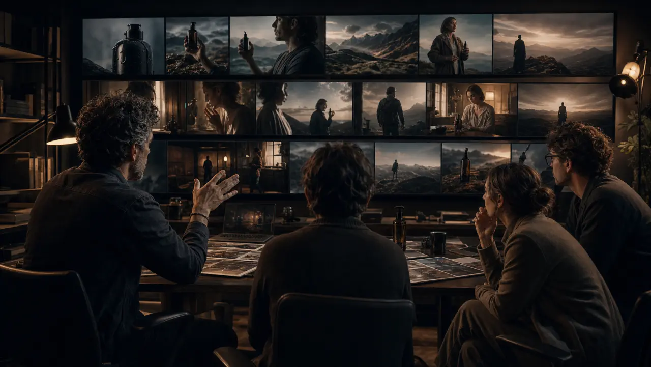A creative team reviews a cohesive sequence of unbranded brand campaign frames.