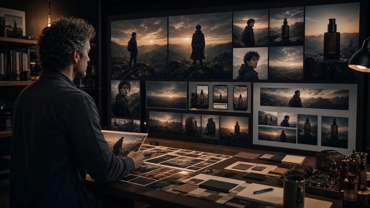 A campaign wall shows coherent unbranded assets sharing lighting, palette, and material language.