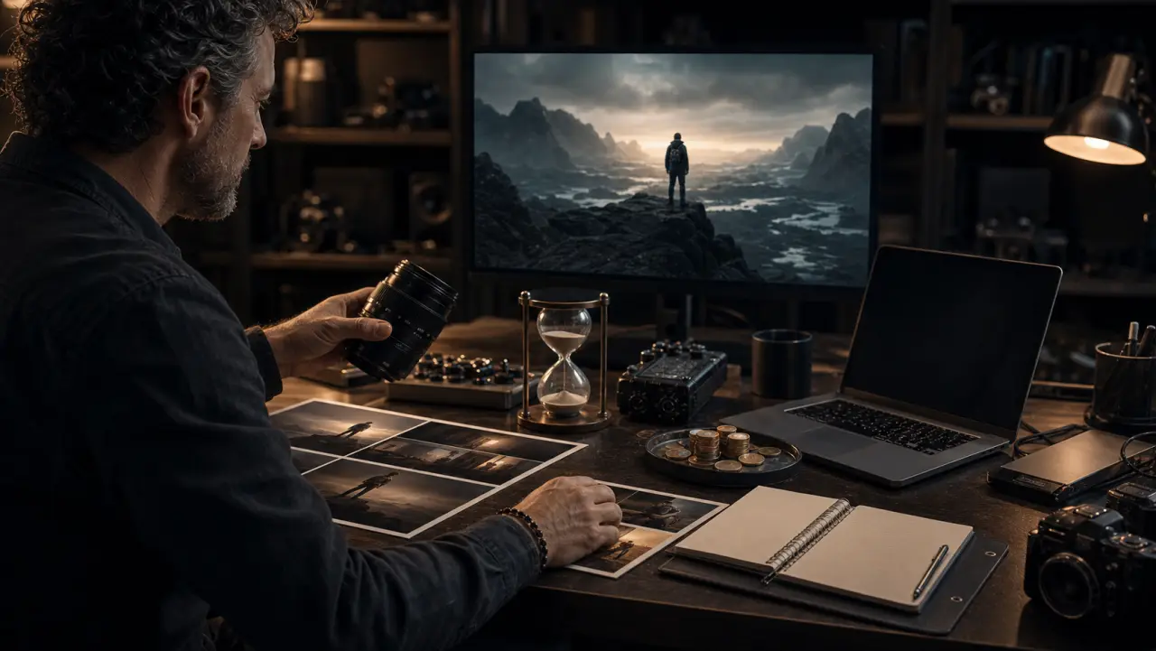 A production desk balances lens, audio, product, budget, and time objects beside a finished frame.