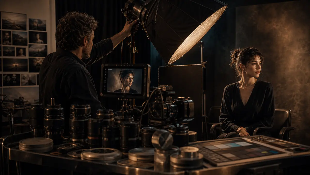 A cinematographer adjusts portrait lighting around lenses and a camera monitor.