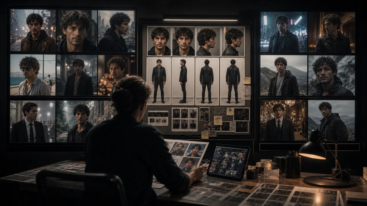 A continuity room shows one fictional character preserved across multiple scenes.
