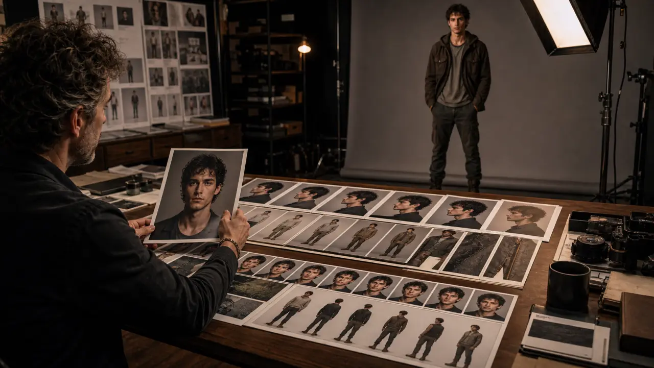 A fictional actor reference package includes headshot, full body, expressions, and wardrobe detail.