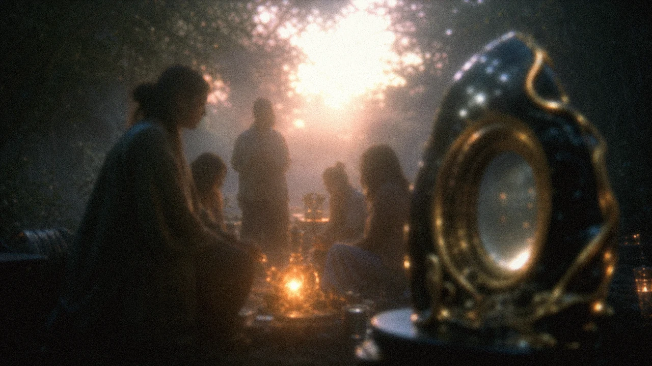 A misty gathering around a small ritual light, seen through soft dreamlike focus.