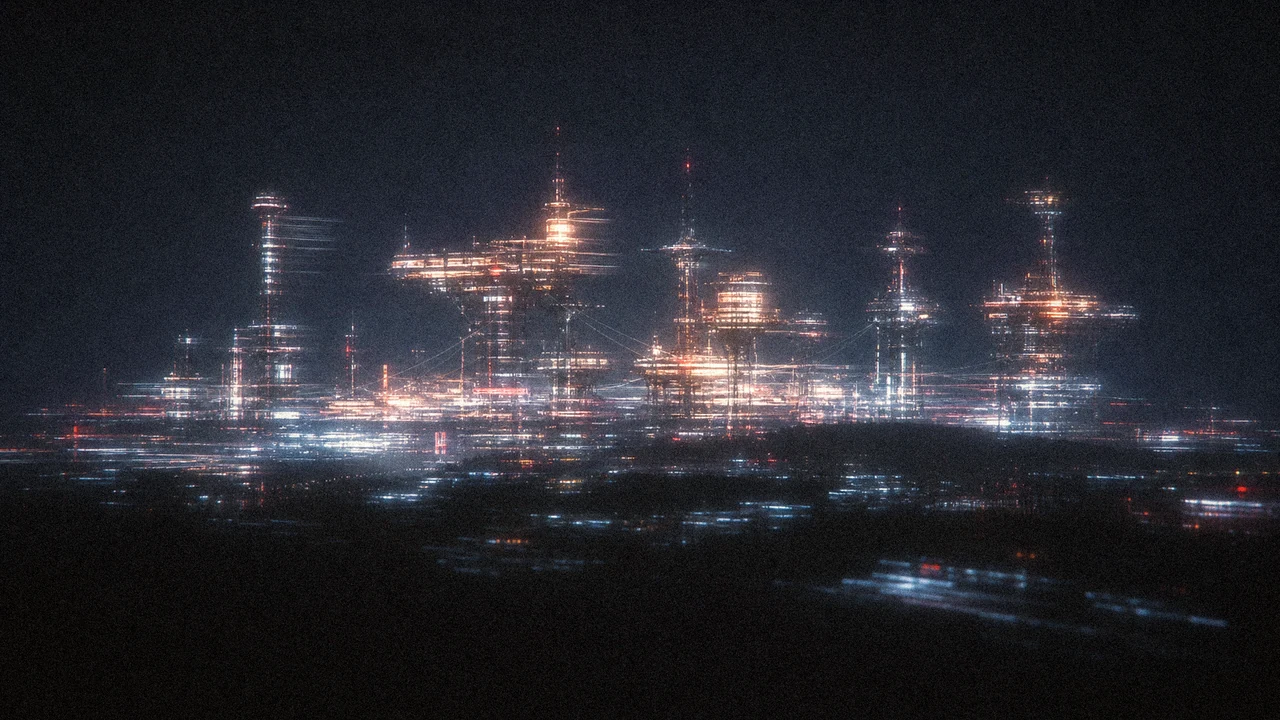 A blurred electric production city glows across a dark horizon.