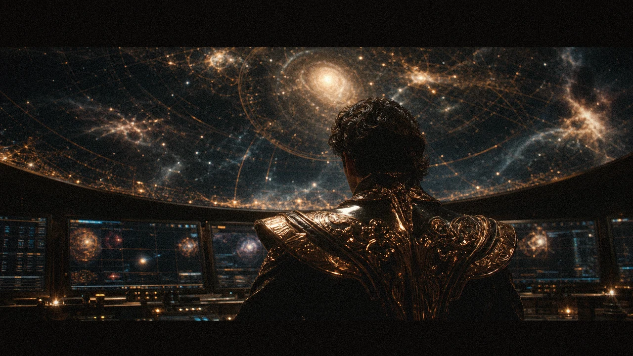 A rear-view universe architect faces a vast celestial control room.