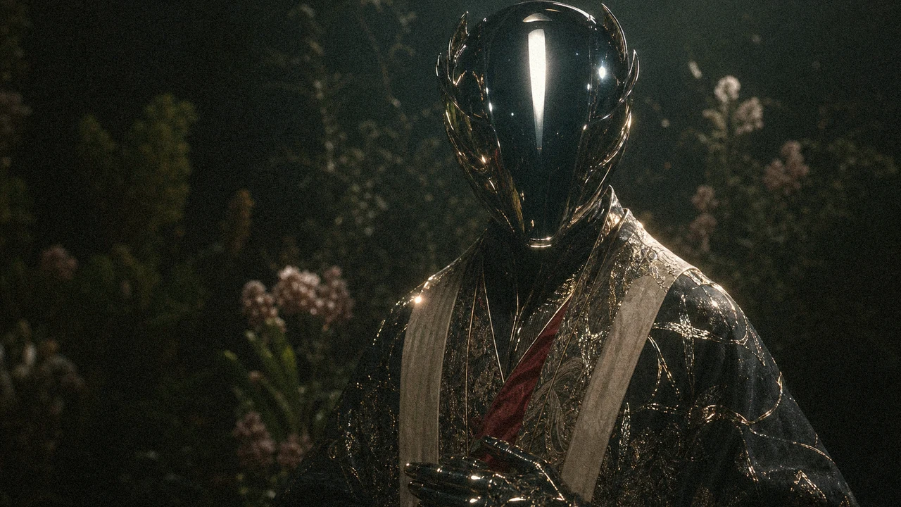 A reflective ceremonial figure stands in a dark garden with quiet intensity.