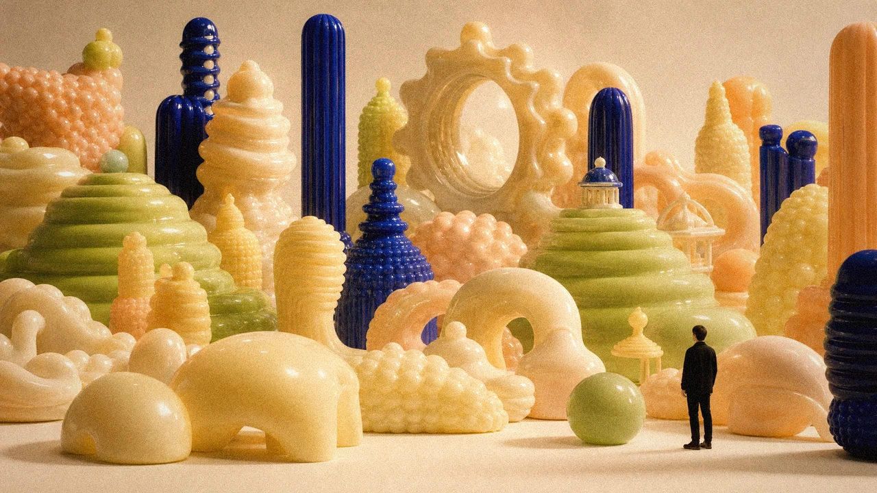 A small figure studies a pastel city of glossy inflated forms and soft architecture.