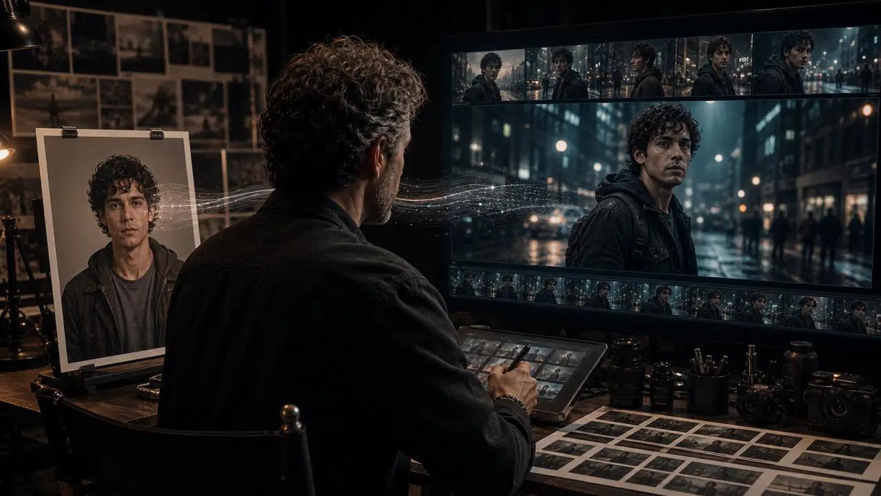 A producer compares a still character reference to a video-stage keyframe of the same person.