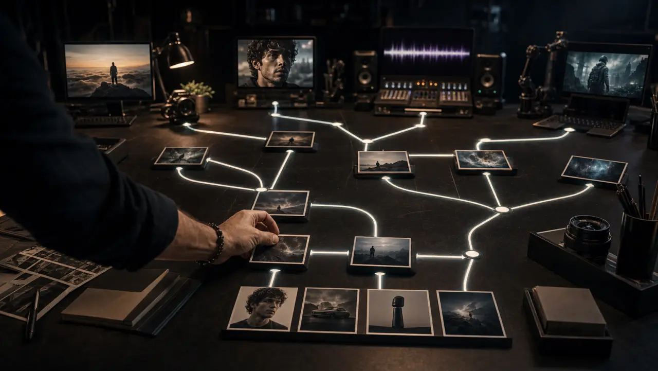 A producer places a project card onto an illuminated branching decision path.