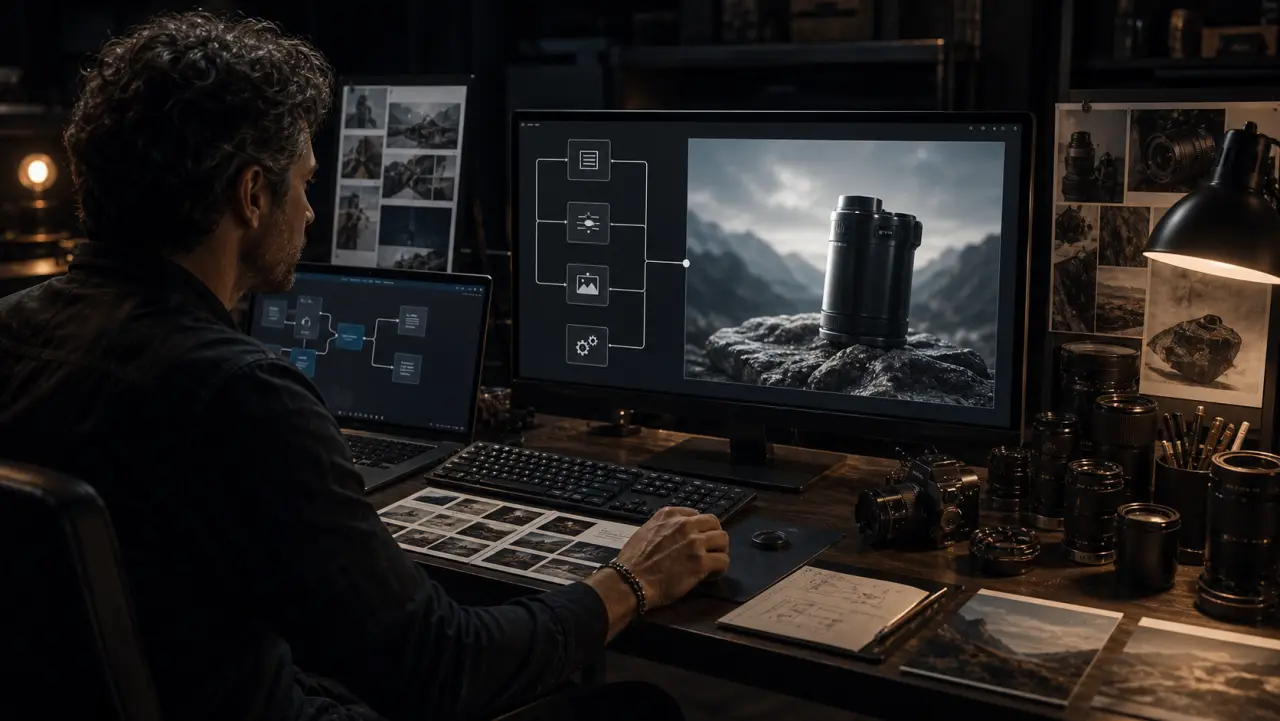 A creative technologist connects a workstation, camera references, and a rendered product image.