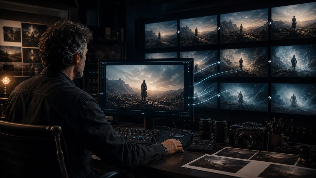 A prepared keyframe comes alive across preview panels in a cinematic generation bay.