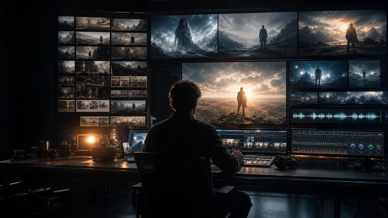 An unbranded creative lab connects image, video, audio, and multi-scene outputs.