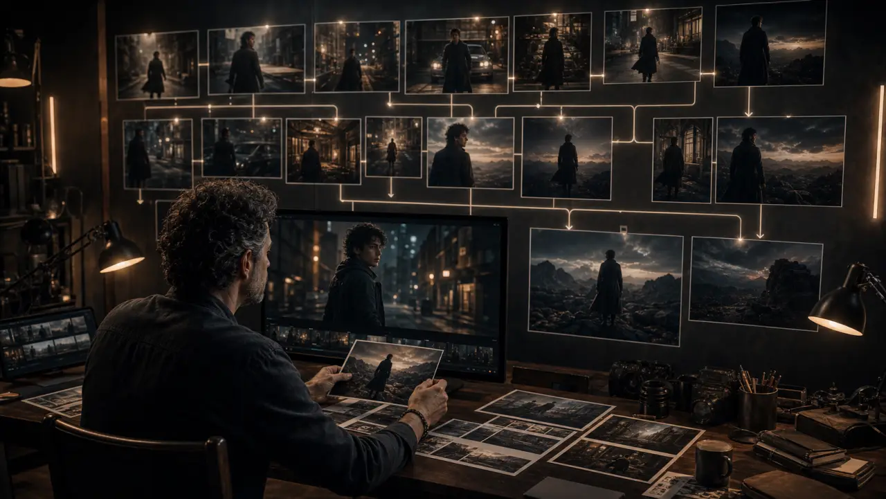 A filmmaker arranges connected scene frames for a coherent multi-shot story.