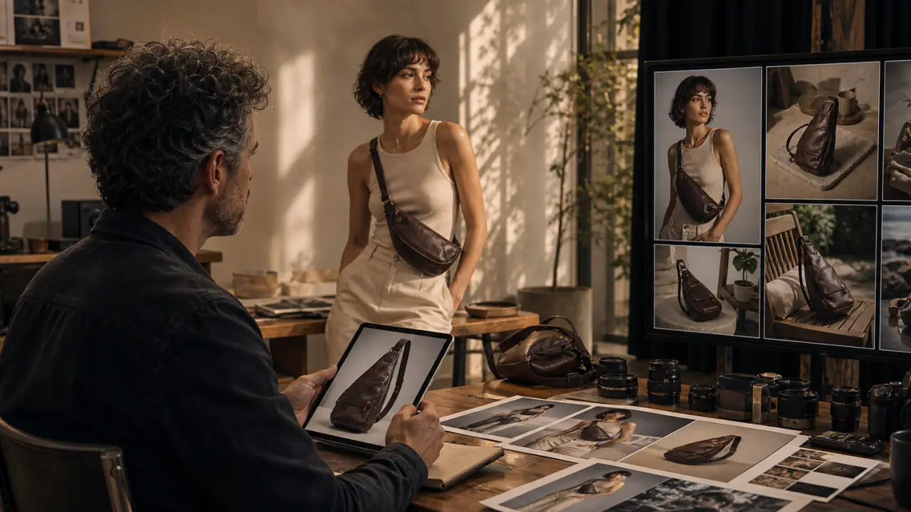 A product appears on-model and in lifestyle scenes while the source reference remains visible.