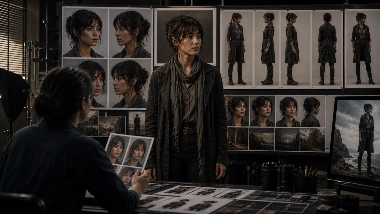 A fictional character stands before turnaround and expression reference photographs.