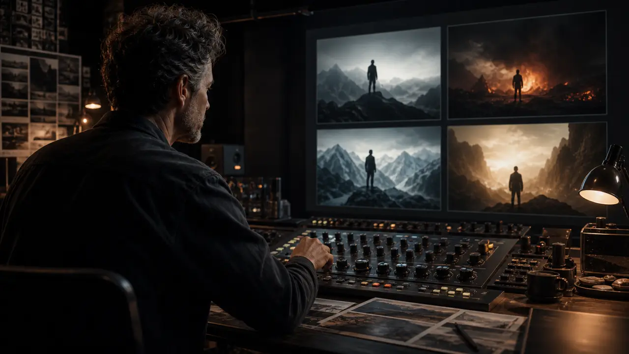 An operator fine-tunes projected image variants from a tactile control desk.