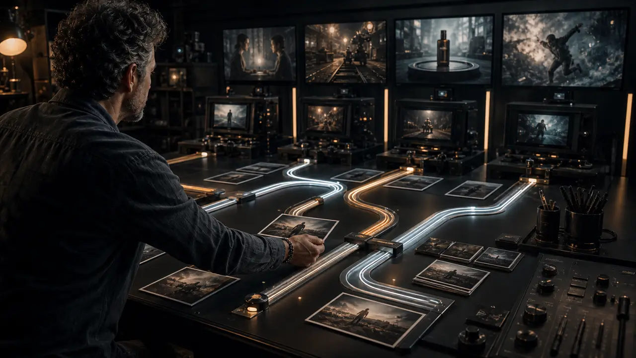 A producer routes cinematic shot cards along illuminated paths to unbranded output stations.