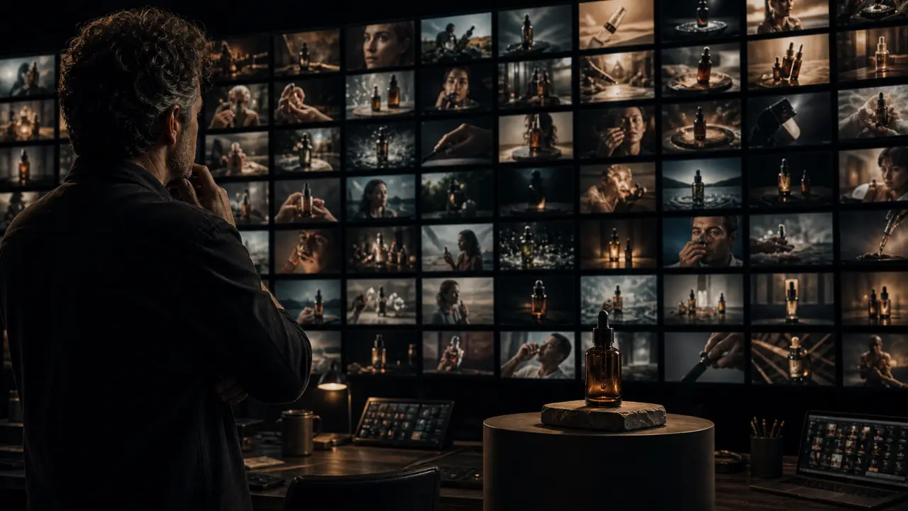 A creative lead reviews a wall of product ad variants while the source product sits in the foreground.