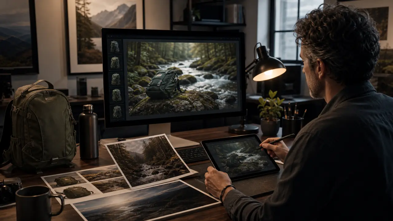 A creative technologist compares a source product with a photoreal generated scene.