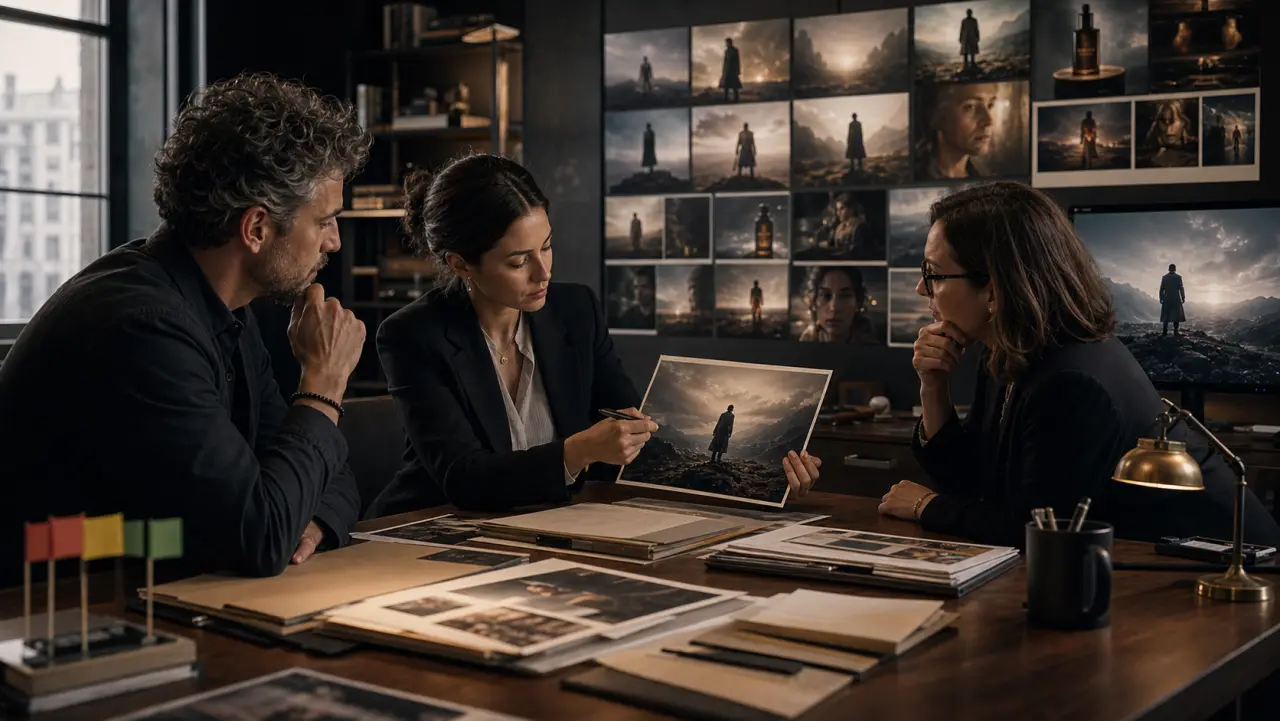 A legal reviewer, brand lead, and creative director inspect campaign frames before release.