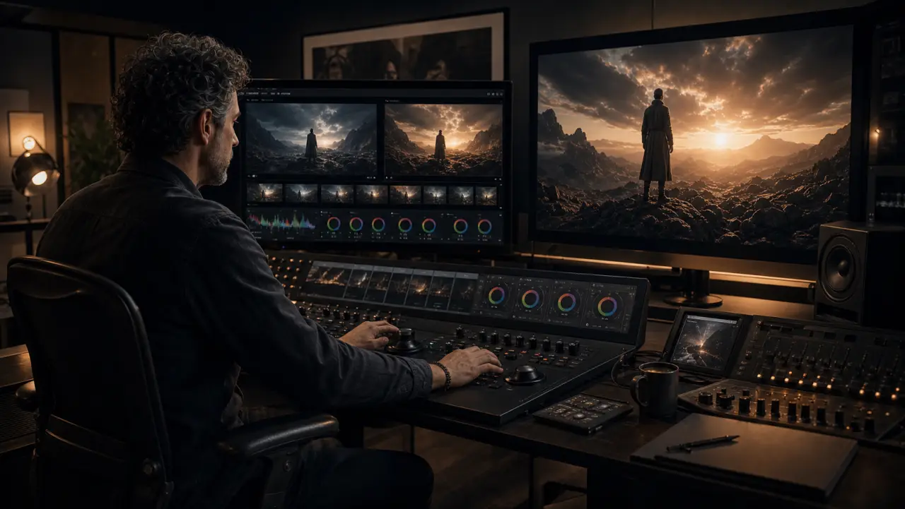 An editor and colorist finish AI-generated shots in a professional post-production suite.