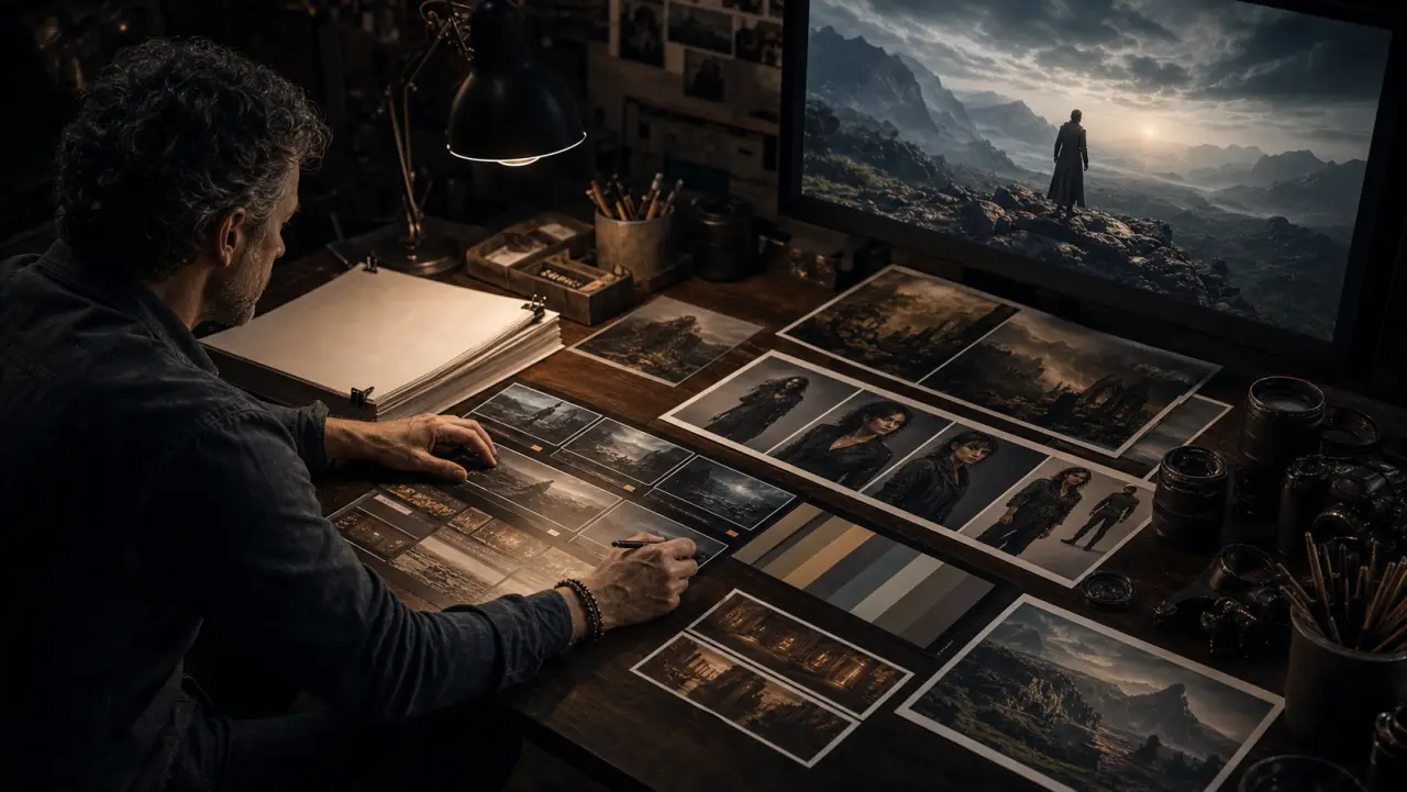 A production bible of character, environment, color, and keyframe references covers a filmmaker's table.
