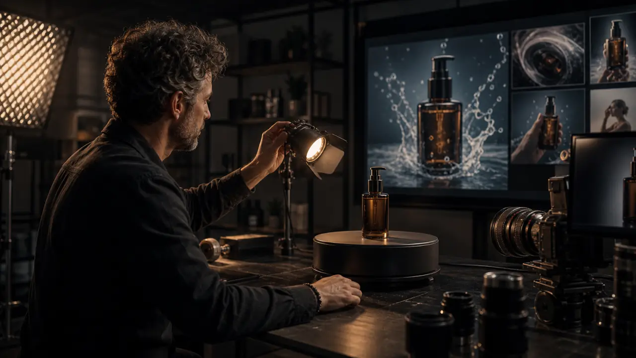 A product producer prepares an unbranded product on a turntable for hero and demo video.