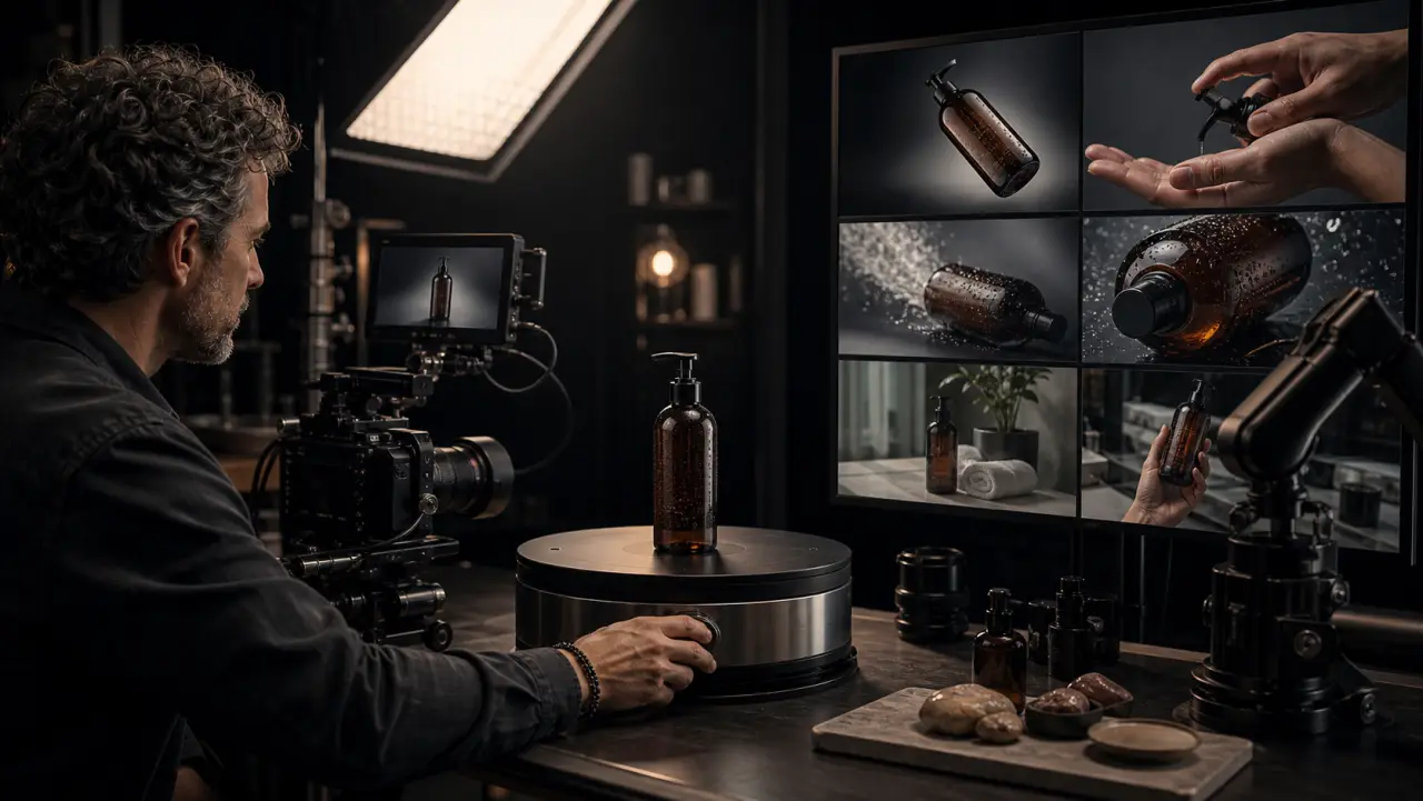 A product filmmaker prepares an orbit and demo clip on a compact commercial set.