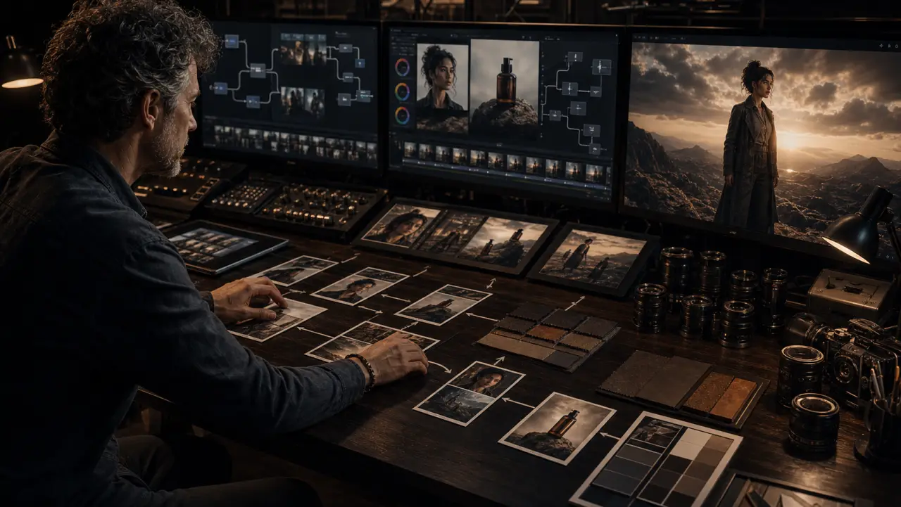 A producer moves character and product references through multiple unbranded workflow stations.