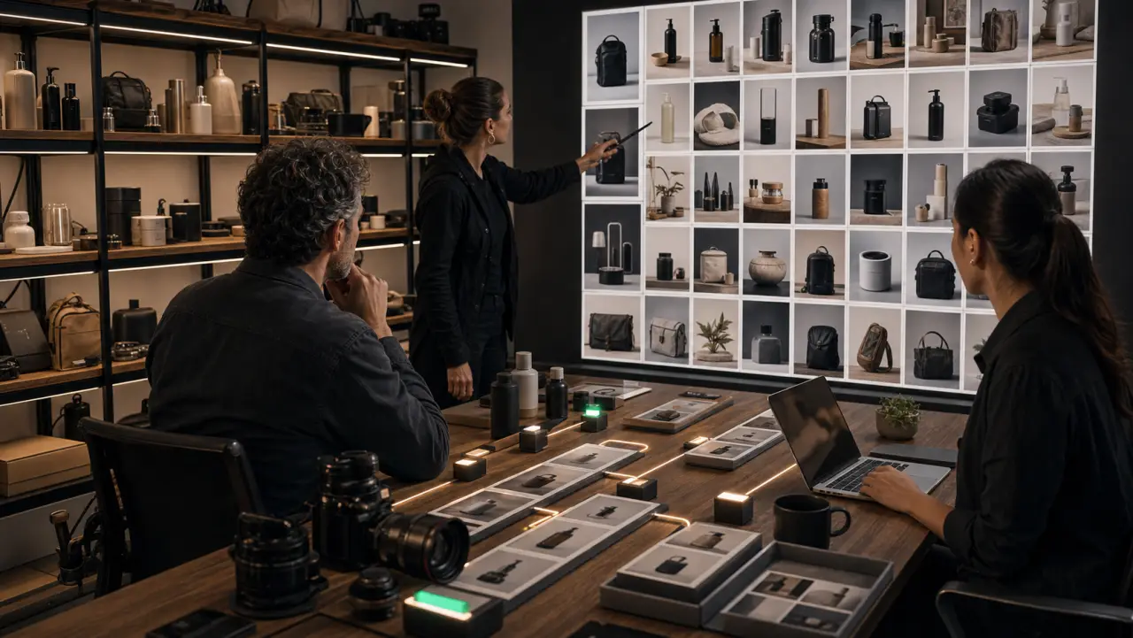 An e-commerce team reviews a large visual library across shelves and output screens.