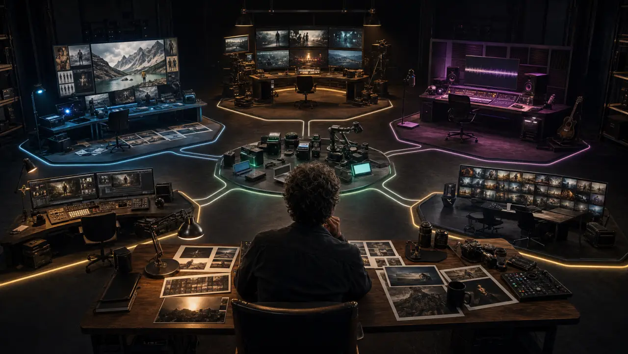 A producer studies six unbranded creative tool zones in a cinematic command room.