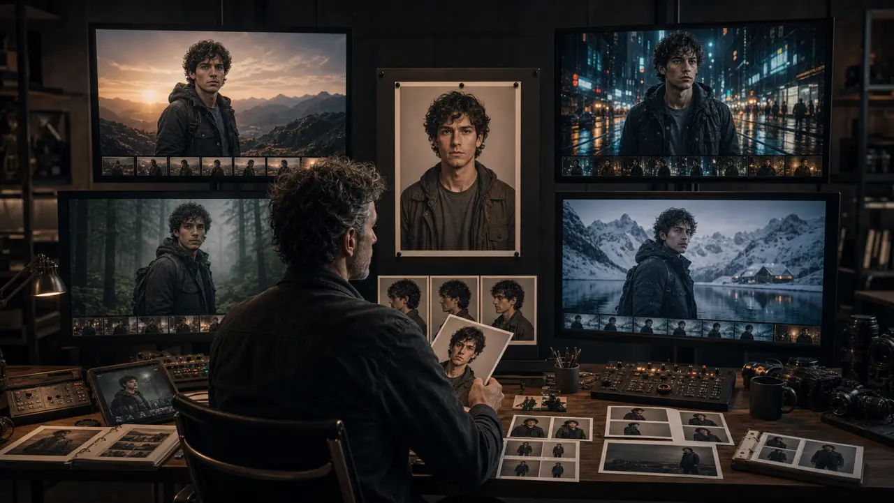 A central character reference anchors four unbranded production stations.