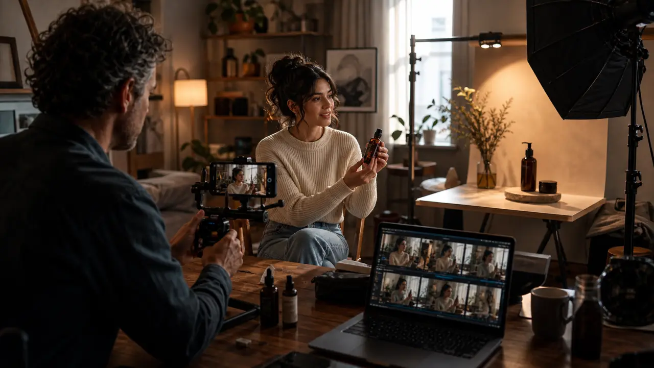 A creator records a product clip in a compact home studio with a polished product setup nearby.