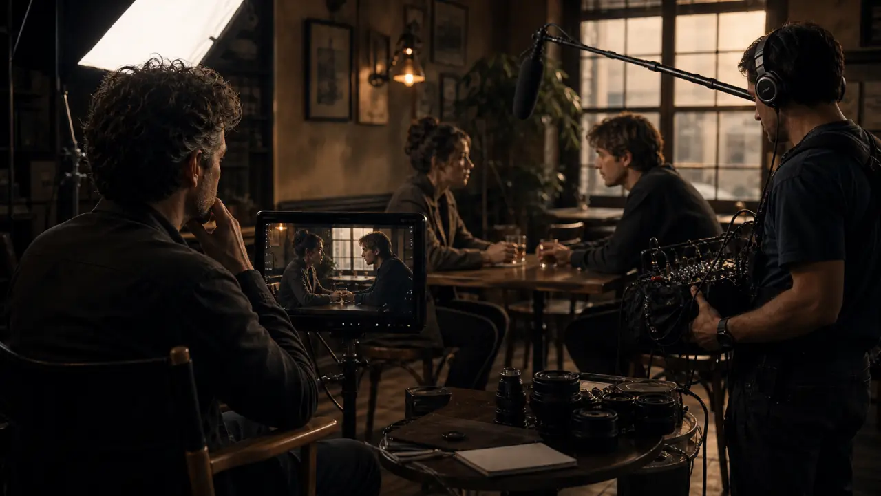 A director monitors a fictional dialogue scene with camera and audio equipment on set.