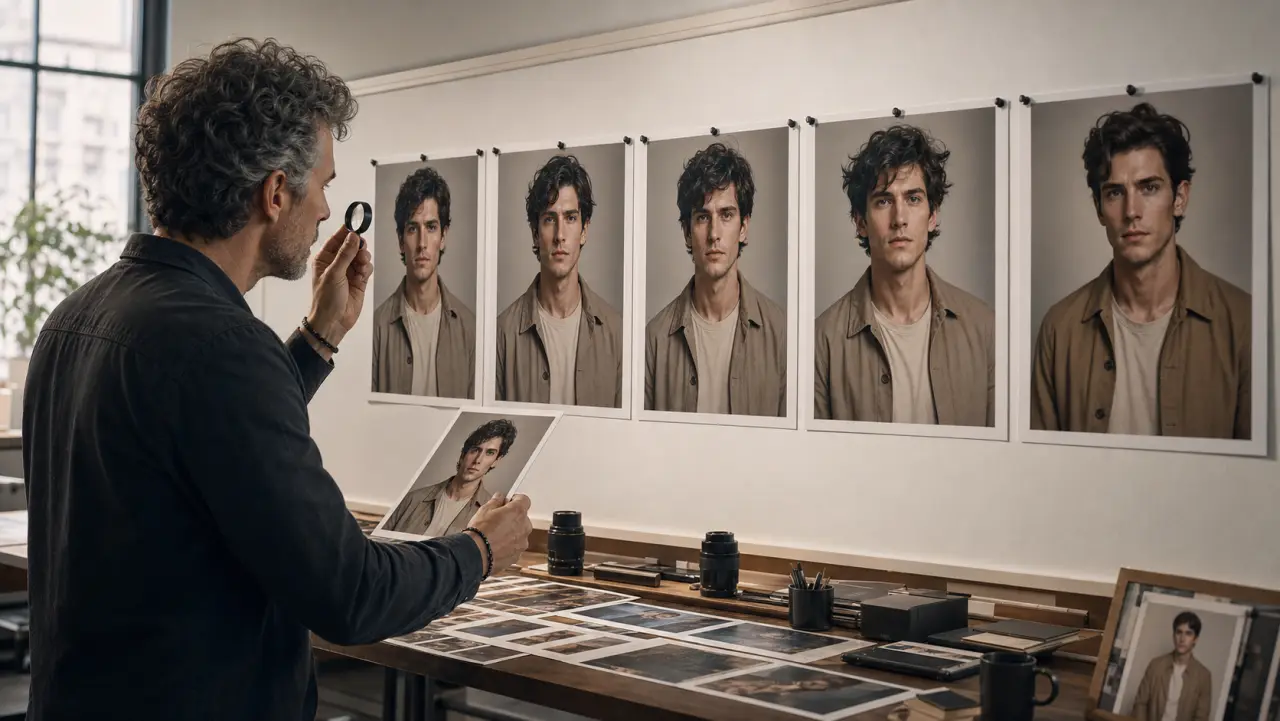 A continuity producer compares a reference portrait to later character frames that subtly drift.